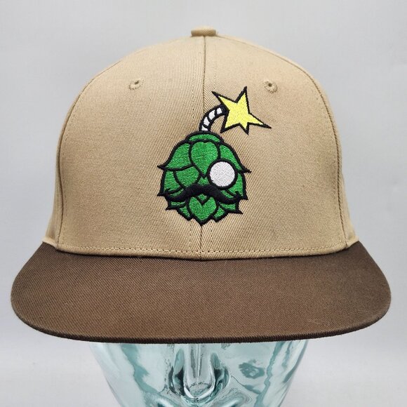 Beer Snobiety Snapback Flatbill Hat Embroidered Green Hop Bomb Logo Tan Brown - Picture 2 of 10